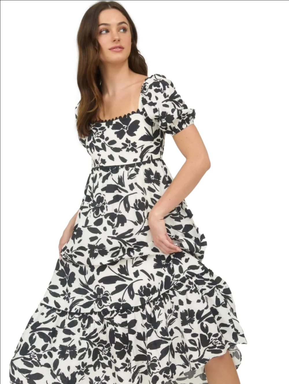 Black & White Floral Square-Neck Midi Dress Smocked Back Puff Sleeve Tiered